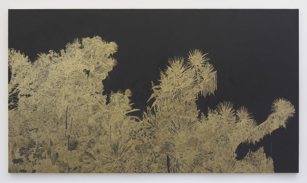 Whitney Bedford, Tender is the Late Night, 2015, Ink and oil on panel, 78" H x 138" W, Photo cred: Robert Wedemeyer