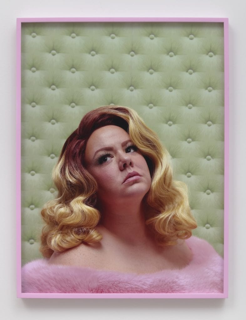 Genevieve Gaignard “Ladybirds (I'm a Canary),” 2019 Chromogenic print 30 x 22.5" [HxW] (76.2 x 57.15 cm) print size; 30.5 x 23.25 x 1.5" [HxWxD] (77.47 x 59.05 x 3.81 cm) framed Edition 1 of 3, 2 AP Inventory #GEN262.01 Courtesy of the artist and Vielmetter Los Angeles Photo credit: Robert Wedemeyer