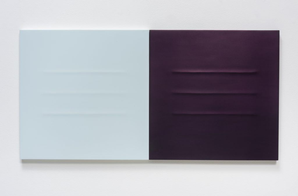 Lies Kraal, 16-9, 2016, Acrylic and burnished azurite on hardboard panels, 17" H x 34" W (43.18 cm H x 86.36 cm W) (diptych), Photo cred: Robert Wedemeyer