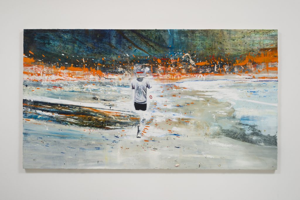 Raffi Kalenderian, The Runner, 2016, Oil, graphite, cold wax on canvas, 56" H x 100.50" W (142.24 cm H x 255.27 cm W), Photo cred: Jeff McLane