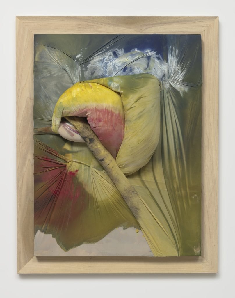 April Street, Woman with blue flowers, 2016, Acrylic paint and hosiery fabric on wood panel, 28 x 22 x 5.5" [HxWxD], Photo credit: Robert Wedemeyer