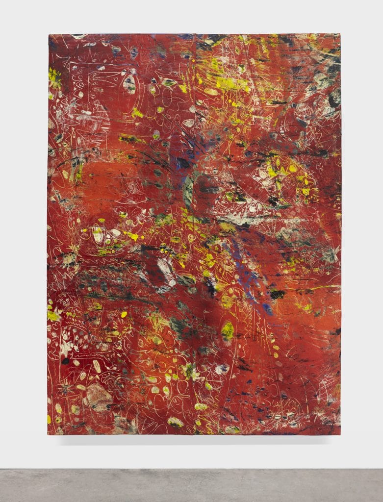 Angel Otero, Songbirds and Roosters, 2016, Oil paint and fabric collaged on canvas, 84" H x 60" W x 2.5" D (213.36 cm H x 152.4 cm W x 6.35 cm D), Photo cred: Martin Parkesian