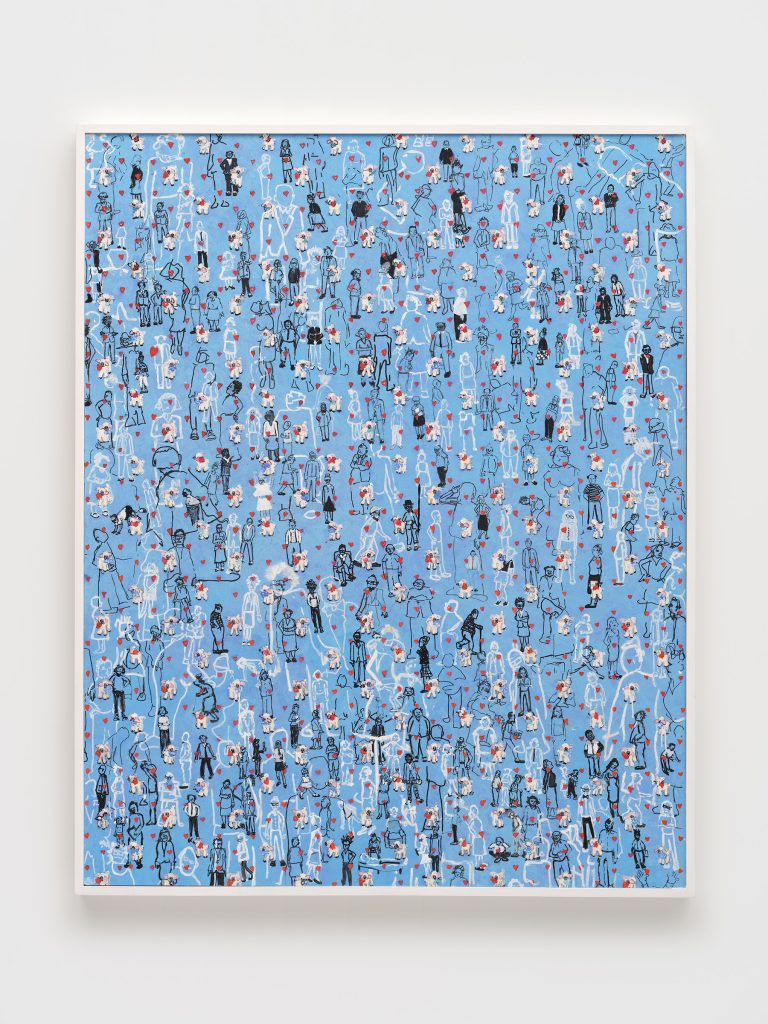 This image depicts an artwork by Kim Dingle titled "350 Psychiatrists and other Mental Health Professionals Warn Americans Trump Is Unfit To Serve High Office -2016." This artwork was created in 2023 and measures 60" x 48" x 2" [HxWxD] (152.4 x 121.92 x 5.08 cm); 61 ¹⁄₂" x 49 ¹⁄₂" x 2 ¹⁄₂" [HxWxD] (156.21 x 125.73 x 6.35 cm) Framed. Its medium is Oil, ink, wallpaper on mahogany panel.