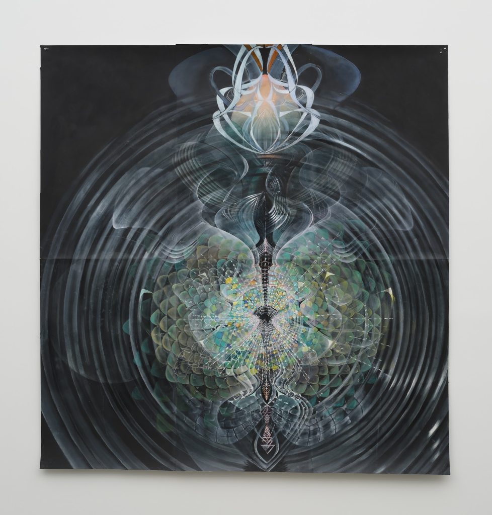This image depicts an artwork by Amy Myers titled "Sublimation No.8." This artwork was created in 2023 and measures 82 ¹⁄₂" x 70" [HxW] (209.55 x 177.8 cm). Its medium is Oil on Arches Cover Black Paper.