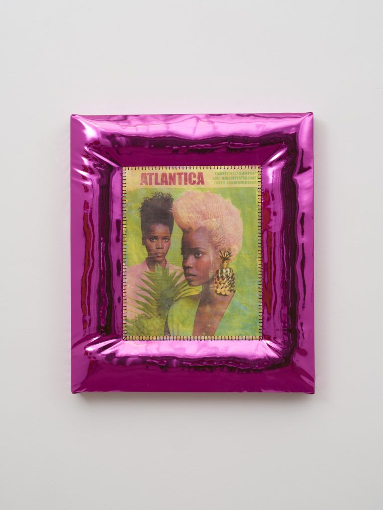 This image depicts an artwork by April Bey titled "ATLANTICA MAGAZINE: Use Racists' Tears to Moisturize Your Locs!." This artwork was created in 2024 and measures 32" x 28" x 2 ¹⁄₂" [HxWxD] (81.28 x 71.12 x 6.35 cm). Its medium is CMYK halftone hand-printed image transfer, watercolor on gessoboard hand-sewn into metalic vinyl wrapped wood panel.
