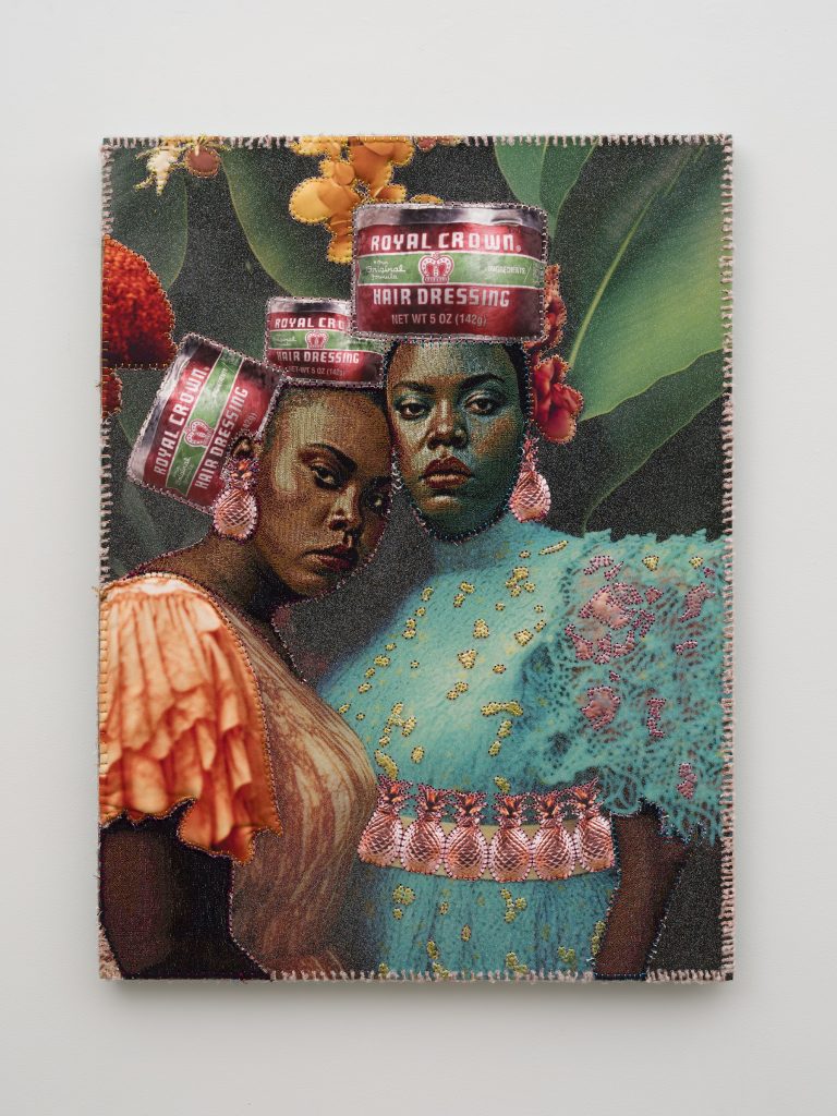 This image depicts an artwork by April Bey titled "COLONIAL SWAG: Here's to You and Here's to Us, if it Weren't for Pussy, Our Pussy Would Rust!." This artwork was created in 2024 and measures 48" x 36" x 3 ¹⁄₂" [HxWxD] (121.92 x 91.44 x 8.89 cm). Its medium is Canvas, crushed velour and woven jacquard textile hand sewn into resin, glitter on panel.