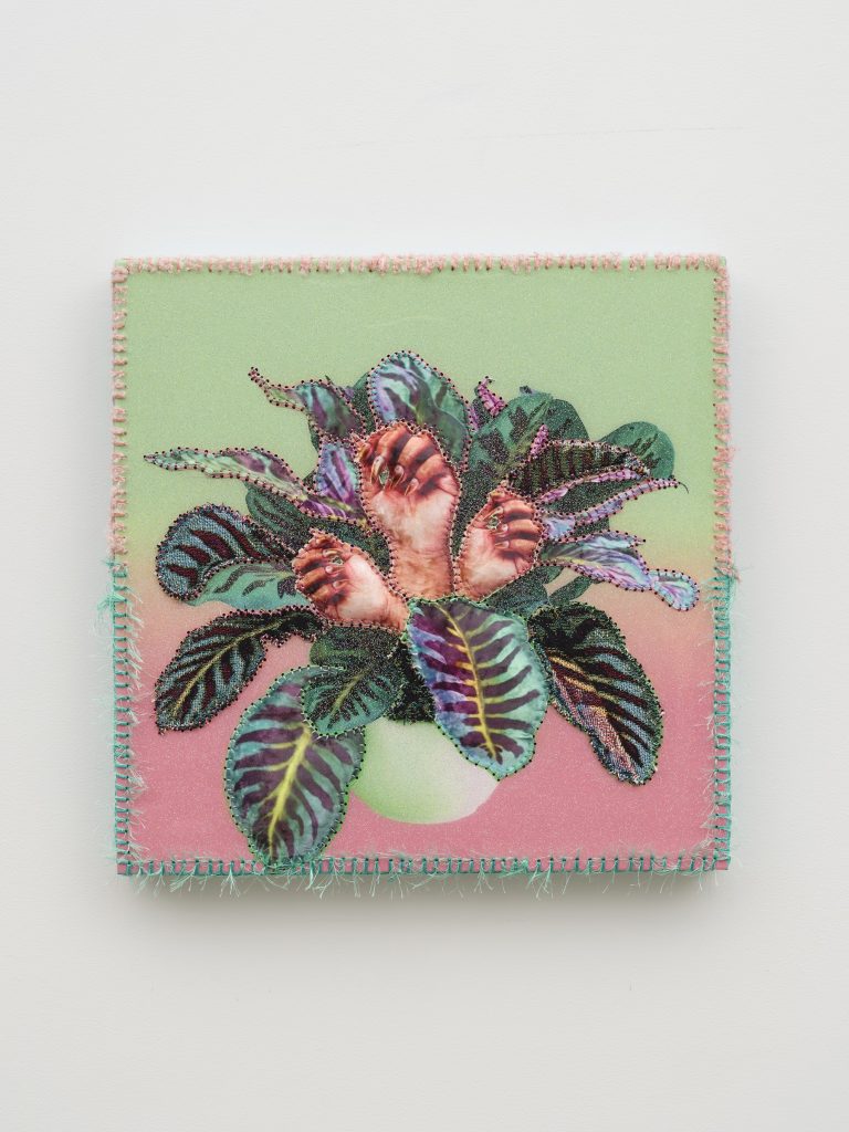 This image depicts an artwork by April Bey titled "Calathea Crotalus Cerastes I." This artwork was created in 2024 and measures 24" x 24" x 3 ³⁄₄" [HxWxD] (60.96 x 60.96 x 9.53 cm). Its medium is Jacquard, crushed velour, glitter, resin, metallic thread, on canvas.