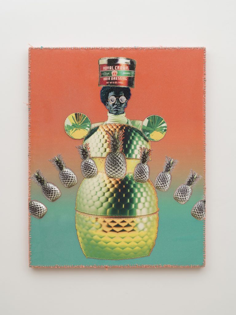 This image depicts an artwork by April Bey titled "COLONIAL SWAG: Repeating Your Value for Those Stupid Enough to Doubt You Over and Over like Pineapple Bullets." This artwork was created in 2024 and measures 60" x 48" [HxW] (152.4 x 121.92 cm). Its medium is Canvas, resin, glitter (currency), crushed velour, jacquard, yarn, metallic cord on wood panel.