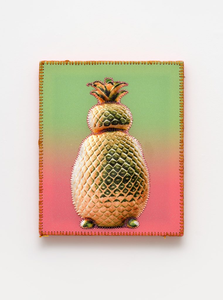 This image depicts an artwork by April Bey titled "Pineapple Afrovenus Sherbet IIII." This artwork was created in 2023 and measures 24" x 20" x 3" [HxWxD] (60.96 x 50.8 x 7.62 cm). Its medium is Crushed velour, metallic thread, resin on canvas.