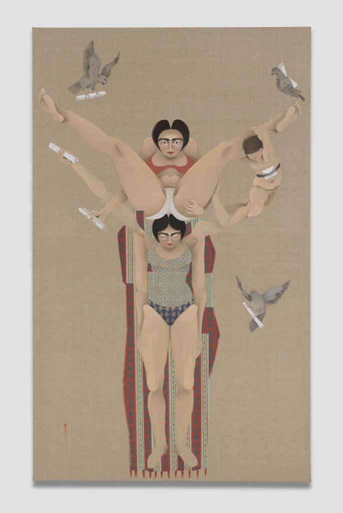 This image depicts an artwork by Hayv Kahraman titled "Pigeons." This artwork was created in 2021 and measures 85" x 52" [HxW] (215.9 x 132.08 cm). Its medium is Oil on linen.