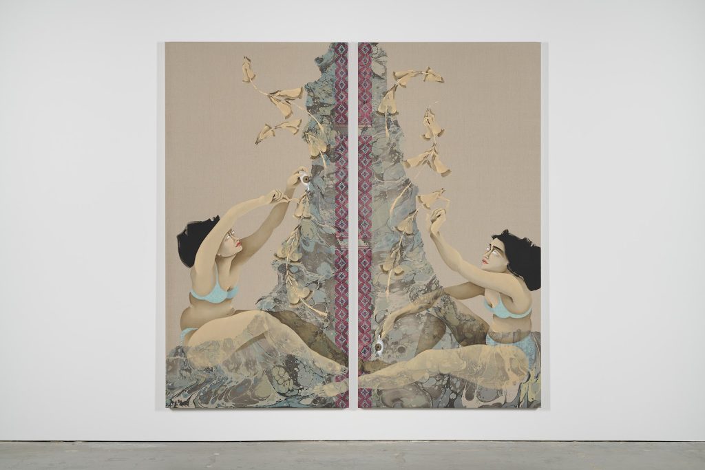This image depicts an artwork by Hayv Kahraman titled "T Wall Prayer Hands." This artwork was created in 2023 and measures 2 Panels 100" x 50" [HxW] (254 x 127 cm) each; 100" x 103" [HxW] (254 x 261.62 cm) overall. Its medium is Oil and acrylic on linen.