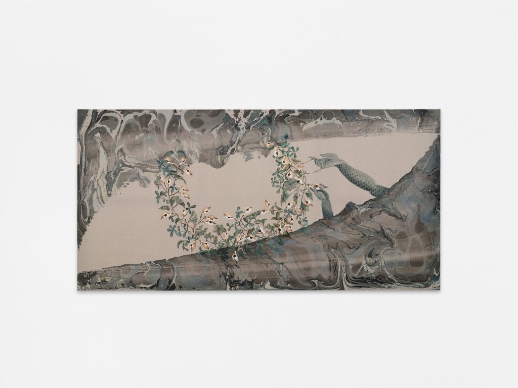 This image depicts an artwork by Hayv Kahraman titled "Weedwreath." This artwork was created in 2023 and measures 50" x 100" [HxW] (127 x 254 cm). Its medium is Oil and acrylic on linen.