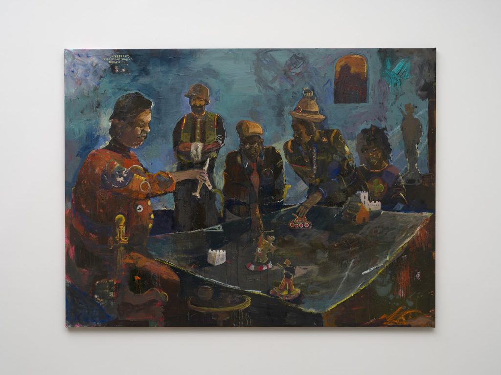This image depicts an artwork by Joseph Olisaemeka Wilson titled "The Mission Council." This artwork was created in 2023 and measures 76 ¹⁄₄" x 101" [HxW] (193.67 x 256.54 cm). Its medium is Oil on linen.