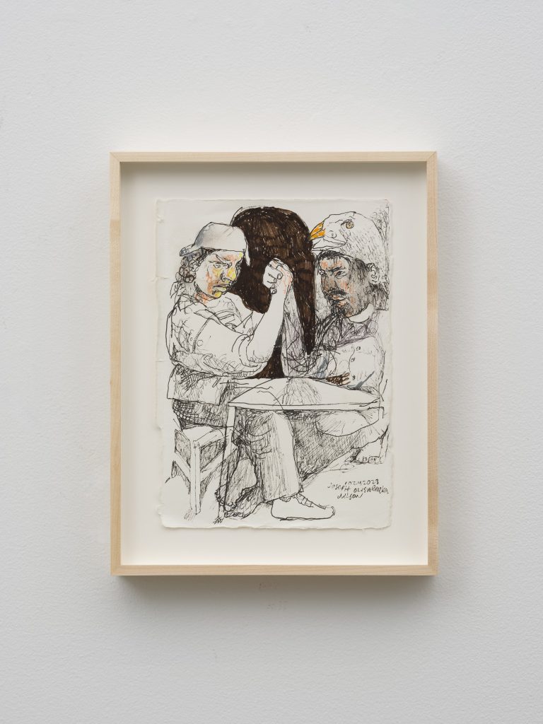 This image depicts an artwork by Joseph Olisaemeka Wilson titled "The arm wrestle." This artwork was created in 2023 and measures 10" x 7" [HxW] (25.4 x 17.78 cm); 12 ³⁄₄" x 9 ³⁄₄" x 1 ¹⁄₂" [HxWxD] (32.38 x 24.76 x 3.81 cm) framed. Its medium is Pen and marker on paper.