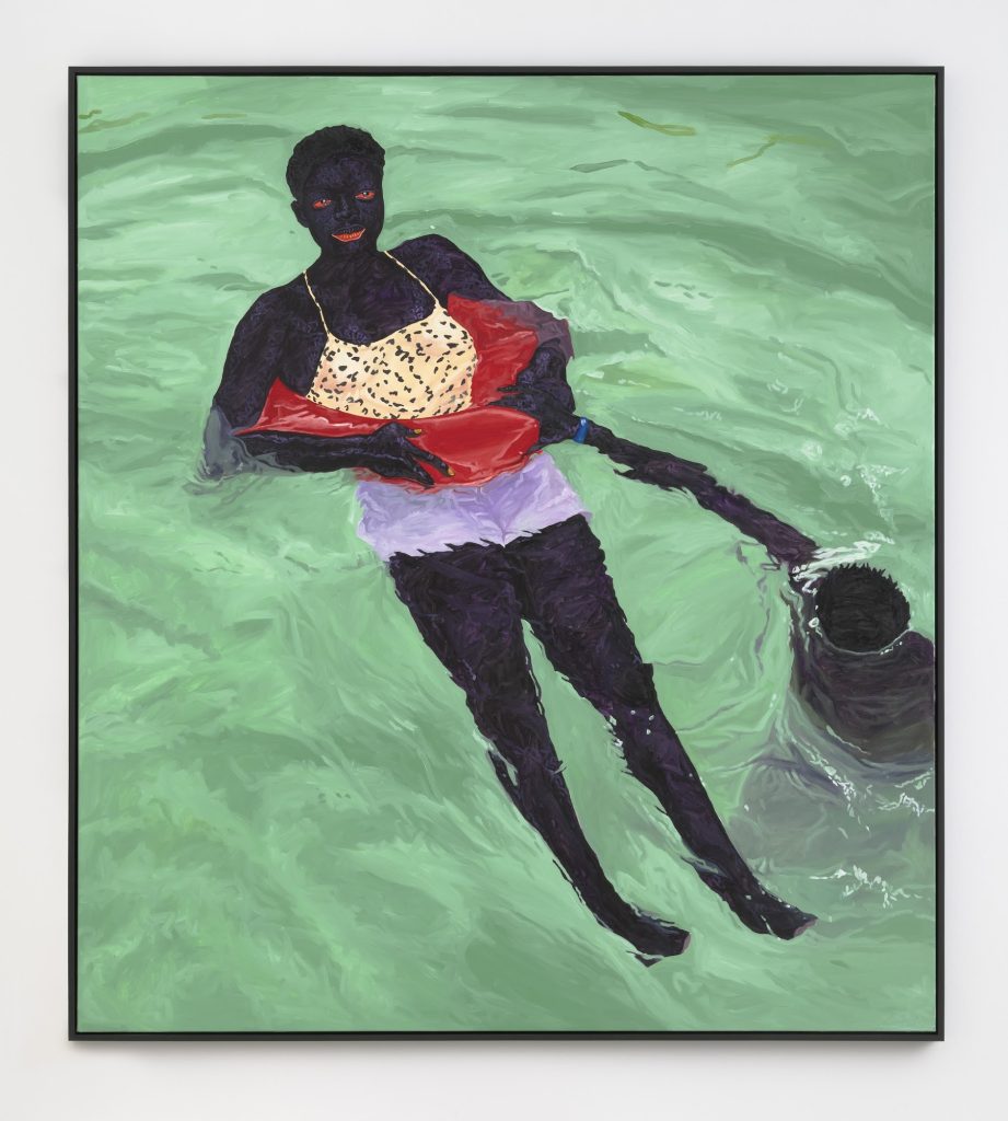 This image depicts an artwork by Kwesi Botchway titled "Swimming Lessons." This artwork was created in 2023 and measures 88" x 79" x 1" [HxWxD] (223.52 x 200.66 x 2.54 cm); 89 ³⁄₄" x 80 ³⁄₄" x 2 ¹⁄₄" [HxWxD] (227.96 x 205.1 x 5.71 cm) Framed. Its medium is Oil on canvas.