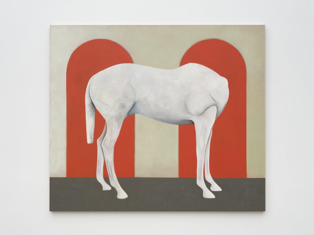 This image depicts an artwork by Math  Bass titled "Headless Horse." This artwork was created in 2021 and measures 52 ¹⁄₈" x 60" [HxW] (132.38 x 152.4 cm). Its medium is Oil on canvas.