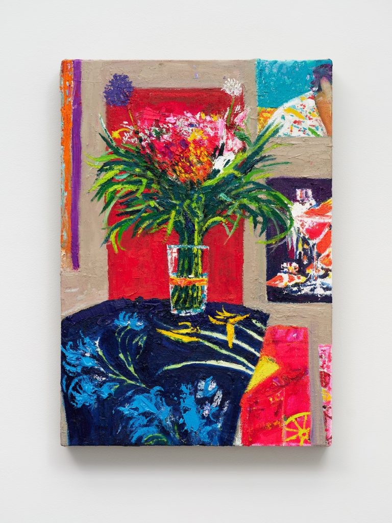 This image depicts an artwork by Raffi Kalenderian titled "Still Life with Studio Flowers." This artwork was created in 2023 - 2024 and measures 20" x 14" [HxW] (50.8 x 35.56 cm). Its medium is Oil on linen.