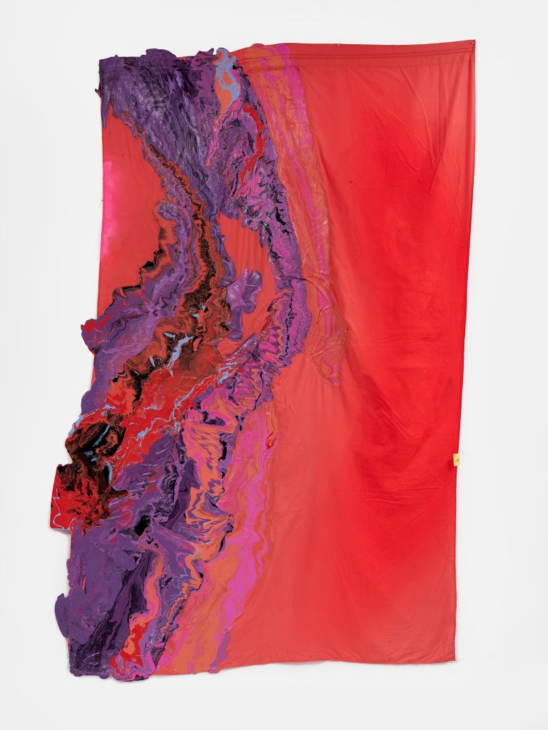 This image depicts an artwork by Rodney McMillian titled "Purple Sky (For Roy Ayers)." This artwork was created in 2022-2023 and measures 103" x 67" [HxW] (261.62 x 170.18 cm). Its medium is Latex and acrylic on bedsheet.