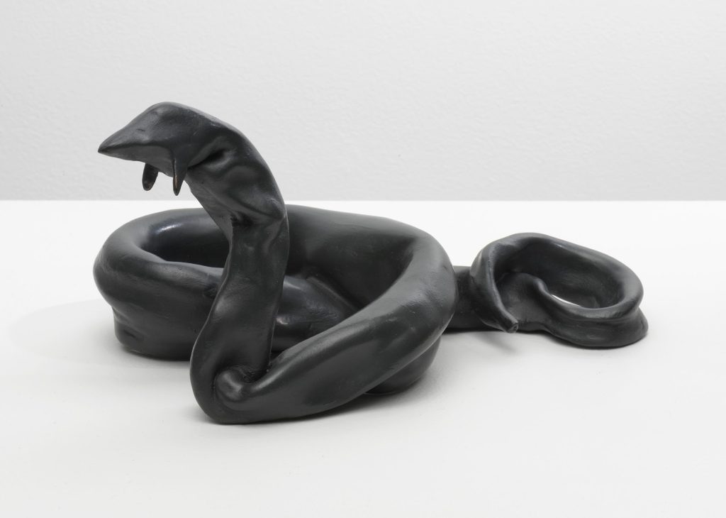 This image depicts an artwork by Stanya Kahn titled "Black Snake." This artwork was created in 2022 and  its dimensions are not known. Its medium is Bronze.