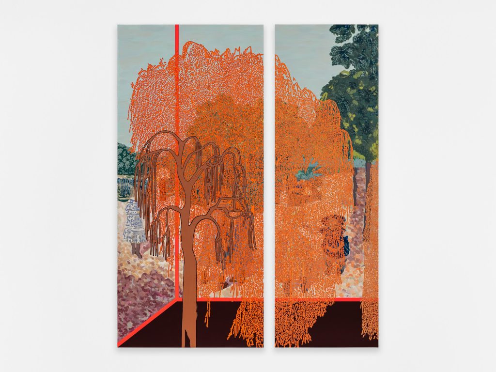 This image depicts an artwork by Whitney Bedford titled "Veduta (Vuillard Jardins Publics La Promenade)." This artwork was created in 2023-2024 and measures Overall: 84" x 65" x 2" [HxWxD] (213.36 x 165.1 x 5.08 cm); Panel 1: 84" x 38" x 2" [HxWxD] (213.36 x 96.52 x 5.08 cm); Panel 2: 84" x 27" x 2" [HxWxD] (213.36 x 68.58 x 5.08 cm). Its medium is Oil and ink on hybrid panels.