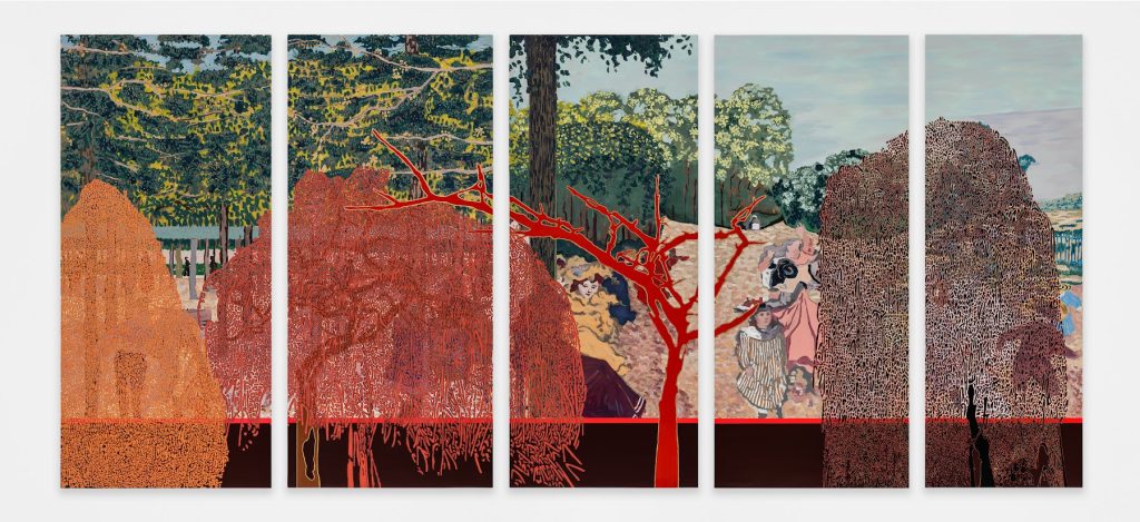 This image depicts an artwork by Whitney Bedford titled "Veduta (Vuillard Jardins Publics Sous Les Arbres)." This artwork was created in 2023-2024 and measures Overall: 84" x 177" x 2" [HxWxD] (213.36 x 449.58 x 5.08 cm)Panel 1: 84" x 39" x 2" [HxWxD] (213.36 x 99.06 x 5.08 cm)Panel 2: 84" x 38" x 2" [HxWxD] (213.36 x 96.52 x 5.08 cm)Panel 3: 84" x 35" x 2" [HxWxD] (213.36 x 88.9 x 5.08 cm)Panel 4: 84" x 36" x 2" [HxWxD] (213.36 x 91.44 x 5.08 cm)Panel 5: 84" x 29" x 2" [HxWxD] (213.36 x 73.66 x 5.08 cm). Its medium is Oil and ink on hybrid panels.