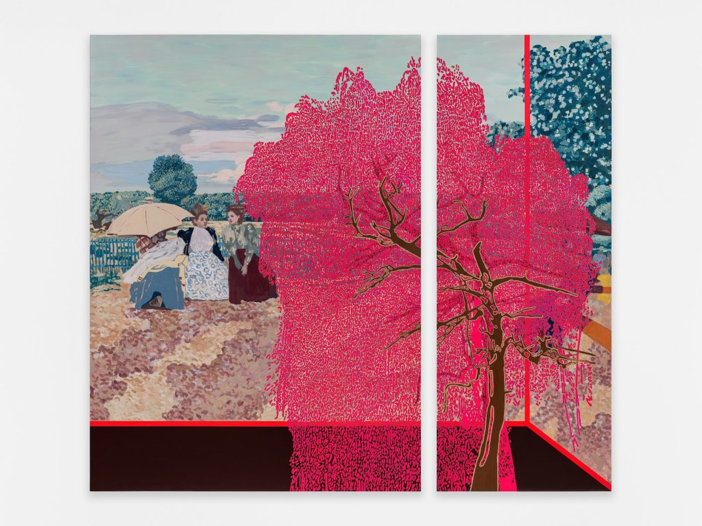This image depicts an artwork by Whitney Bedford titled "Veduta (Vuillard Jardins Publics La Conversation)." This artwork was created in 2023-2024 and measures Overall: 84" x 93" x 2" [HxWxD] (213.36 x 236.22 x 5.08 cm); Panel 1: 84" x 61" x 2" [HxWxD] (213.36 x 154.94 x 5.08 cm); Panel 2: 84" x 32" x 2" [HxWxD] (213.36 x 81.28 x 5.08 cm). Its medium is Oil and ink on hybrid panels.