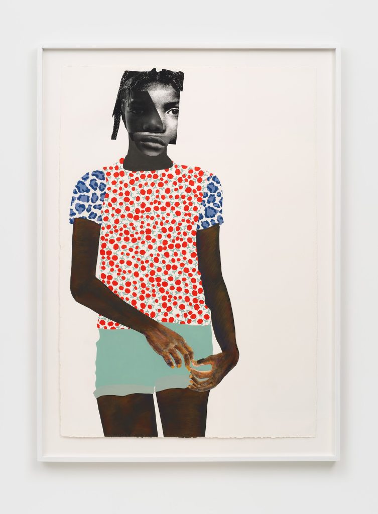 This image depicts an artwork by Deborah Roberts titled "Who Says." This artwork was created in 2022 and measures 60" x 42" [HxW] (152.4 x 106.68 cm)67 ¹⁄₂" x 49" x 2 ¹⁄₄" [HxWxD] (171.45 x 124.46 x 5.71 cm) framed. Its medium is Mixed media collage on paper.