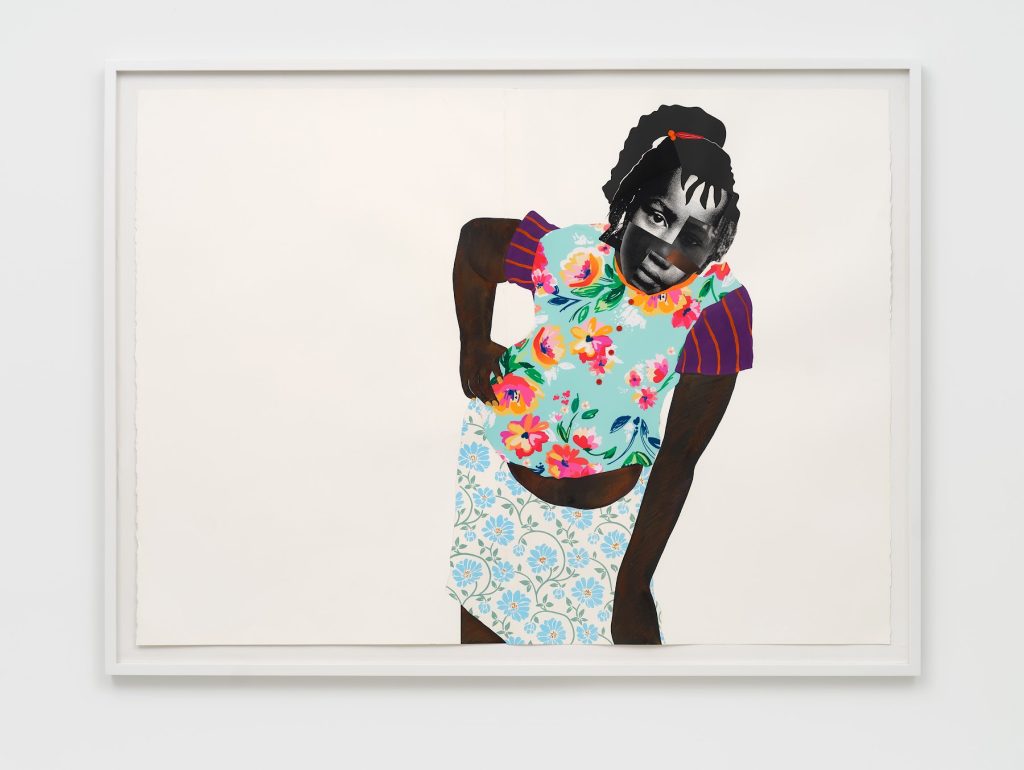 This image depicts an artwork by Deborah Roberts titled "Betty." This artwork was created in 2022 and measures 60" x 82" [HxW] (152.4 x 208.28 cm)66 ¹⁄₄" x 87 ³⁄₄" x 2 ¹⁄₂" [HxWxD] (168.27 x 222.88 x 6.35 cm) framed. Its medium is Mixed media collage on paper.