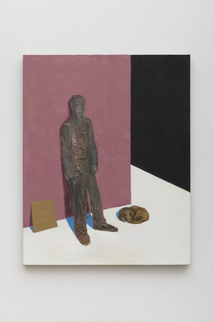 This image depicts an artwork by Nicole Eisenman titled "Empty City (with Man in Need)." This artwork was created in 2020 and measures 30" x 24" x 1" [HxWxD] (76.2 x 60.96 x 2.54 cm). Its medium is Oil on linen.