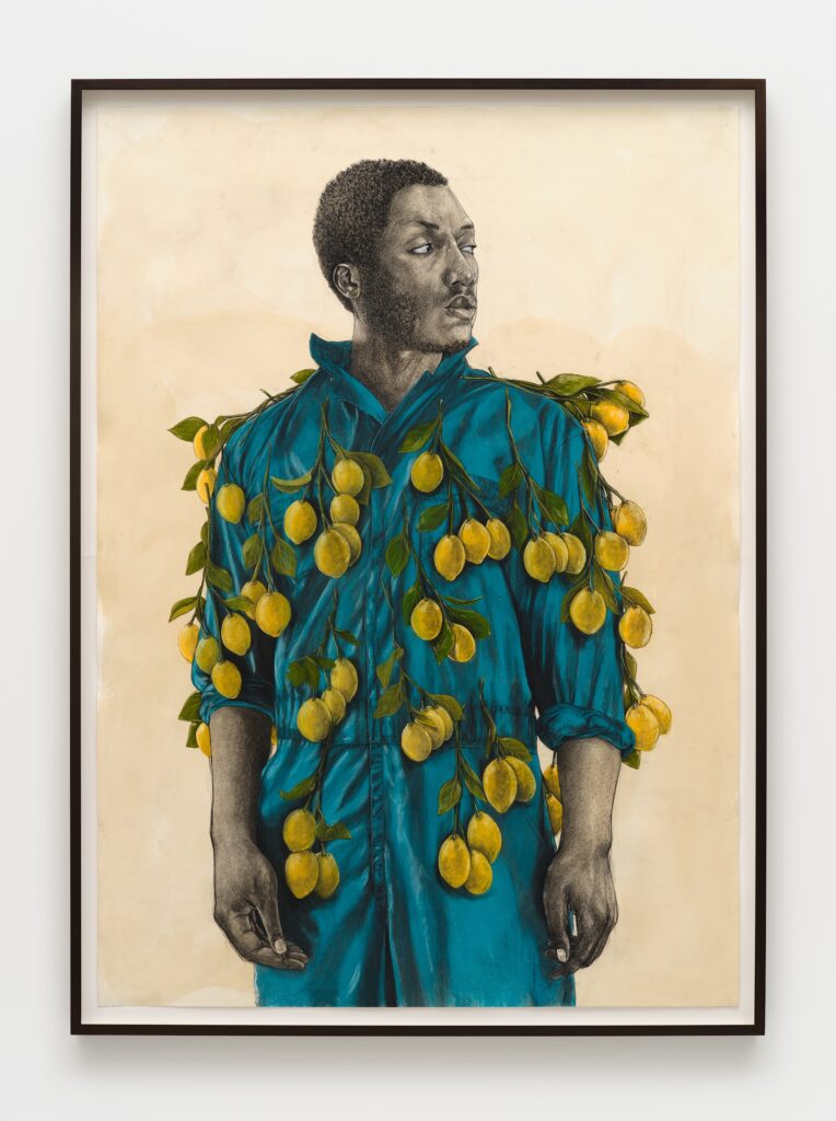 This image depicts an artwork by Robert Pruitt titled "Lemon Tree." This artwork was created in 2024 and measures 84" x 60" [HxW] (213.36 x 152.4 cm)88 5/16" x 64 3/8" x 3" [HxWxD] (223.52 x 162.56 x 7.62 cm) framed. Its medium is Conté, pastel and coffee wash.