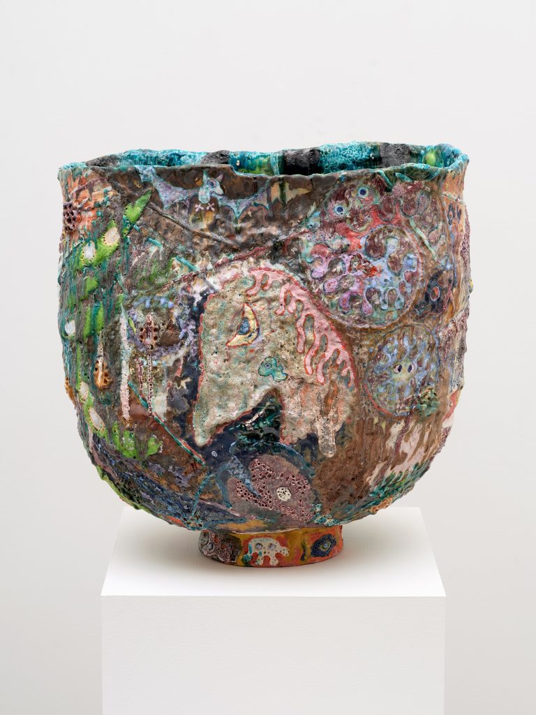 This image depicts an artwork by Tam Van Tran titled "Primordial Sounds of the Avatars." This artwork was created in 2024 and measures 27" x 27" x 25" [HxWxD] (68.58 x 68.58 x 63.5 cm). Its medium is Glazed stoneware.