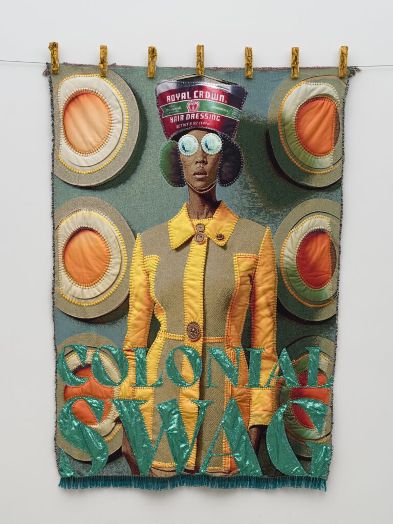 This image depicts an artwork by April Bey titled "Is Somebody Gonna Match My Freak? Is Somebody Gonna Match My Nasty?!." This artwork was created in 2024 and measures 80" x 60" [HxW] (203.2 x 152.4 cm). Its medium is Jacquard woven textiles, with hand-sewn fabric and sequins, beads.