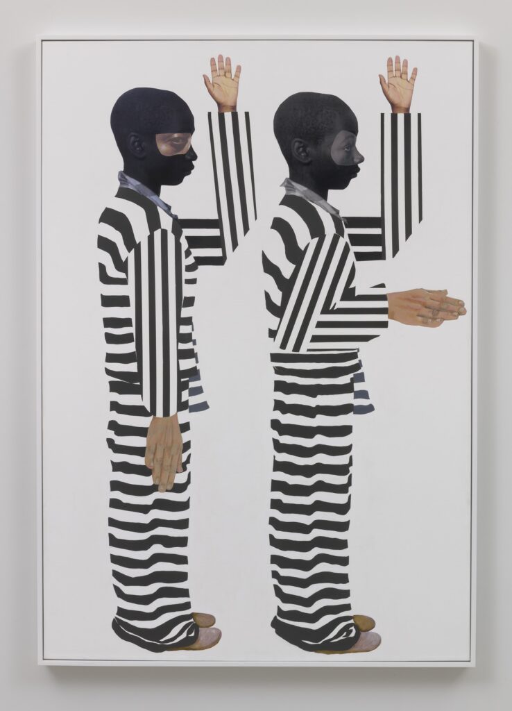 This image depicts an artwork by Deborah  Roberts titled "I do solemnly swear (Nessun Dorma Series)." This artwork was created in 2018 and measures 65" x 45" [HxW] (165.1 x 114.3 cm) canvas size; 66 ¹⁄₄" x 46 ¹⁄₄" x 2 ¹⁄₄" [HxWxD] (168.27 x 117.47 x 5.71 cm) framed. Its medium is Mixed media collage on canvas.