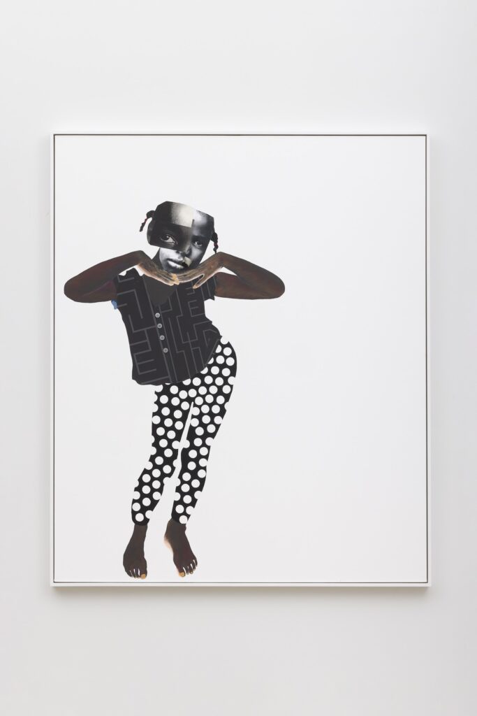 This image depicts an artwork by Deborah  Roberts titled "Spell bound." This artwork was created in 2021 and measures 72" x 60" [HxW] (182.88 x 152.4 cm); 73 ¹⁄₂" x 61 ¹⁄₂" x 2 ¹⁄₄" [HxWxD] (186.69 x 156.21 x 5.71 cm) framed. Its medium is Mixed media collage on canvas.