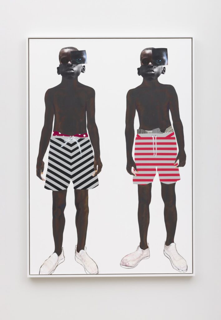 This image depicts an artwork by Deborah  Roberts titled "Pool boys." This artwork was created in 2019 and measures 65" x 45" [HxW] (165.1 x 114.3 cm); 66 ¹⁄₂" x 46 ¹⁄₂" x 2 ¹⁄₄" [HxWxD] (168.91 x 118.11 x 5.71 cm) framed. Its medium is Mixed media collage on canvas.