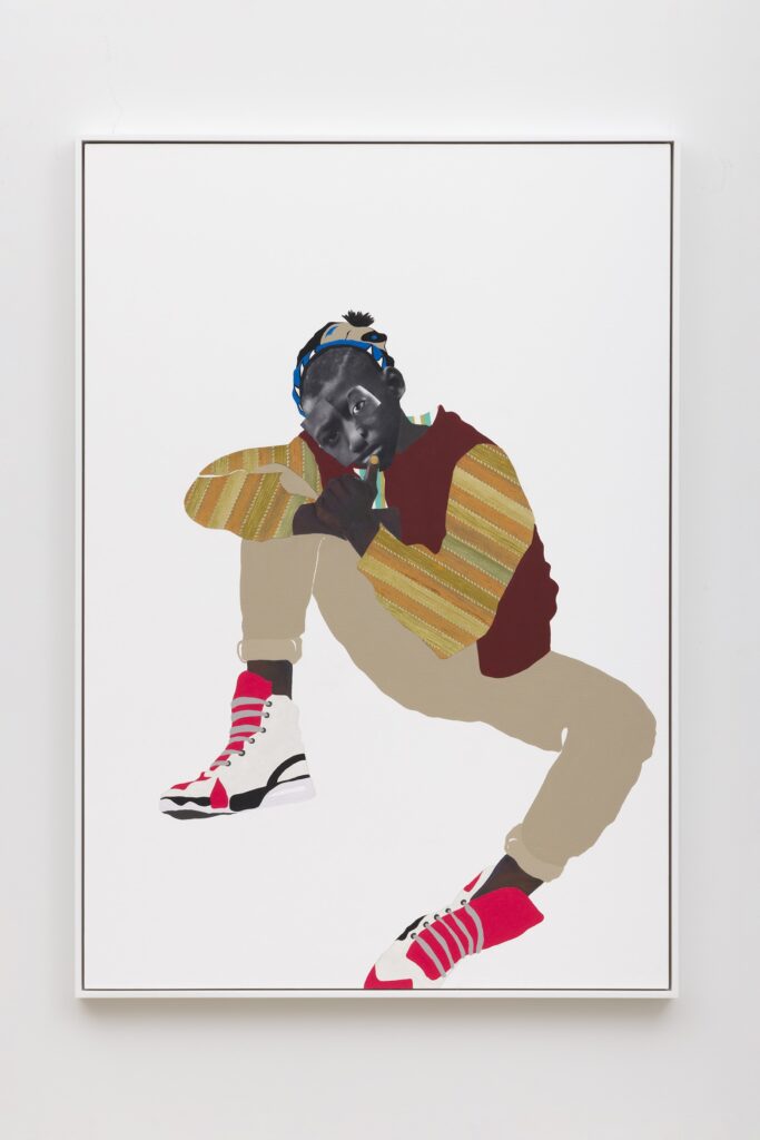 This image depicts an artwork by Deborah  Roberts titled "Notorious Act: resting." This artwork was created in 2021 and measures 65" x 45" [HxW] (165.1 x 114.3 cm); 66 ¹⁄₂" x 46 ¹⁄₂" x 2 ¹⁄₄" [HxWxD] (168.91 x 118.11 x 5.71 cm) framed. Its medium is Mixed media collage on canvas.