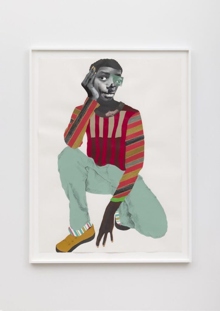 This image depicts an artwork by Deborah  Roberts titled "The Inconvenient citizen." This artwork was created in 2021 and measures 52" x 38" [HxW] (132.08 x 96.52 cm); 56 ³⁄₄" x 42 ³⁄₄" x 1 ³⁄₄" [HxWxD] (144.14 x 108.58 x 4.44 cm) framed. Its medium is Mixed media collage on paper.