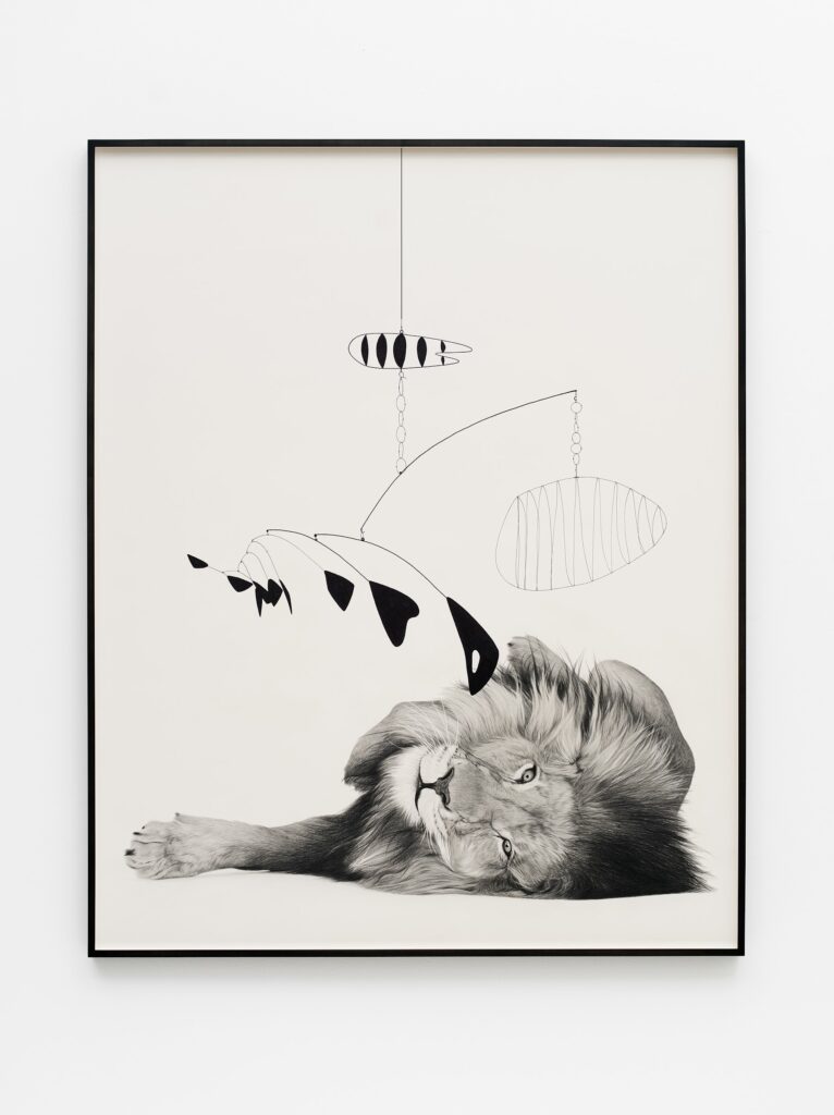 This image depicts an artwork by Karl Haendel titled "Lion with Mobile 2." This artwork was created in 2024 and measures 64" x 51 ¹⁄₂" [HxW] (162.56 x 130.81 cm) paper size64 ¹⁄₄" x 51 ³⁄₄" x 2" [HxWxD] (163.19 x 131.44 x 5.08 cm) framed. Its medium is Pencil and ink on paper.