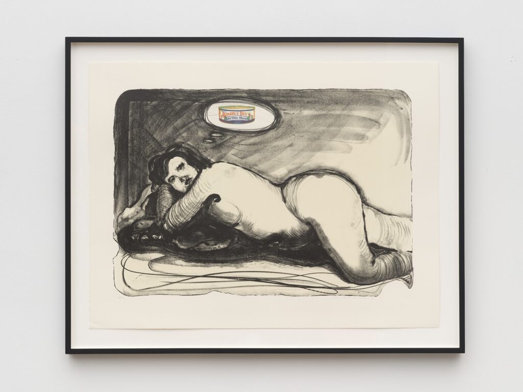 This image depicts an artwork by Nicole Eisenman titled "The Thinker." This artwork was created in 2012 and measures 29 ³⁄₄" x 37 ¹⁄₂" x 1 ¹⁄₂" [HxWxD] (75.56 x 95.25 x 3.81 cm) Framed25" x 33" [HxW] (63.5 x 83.82 cm). Its medium is Two-color lithograph (from stone) with four-color photolithograph.