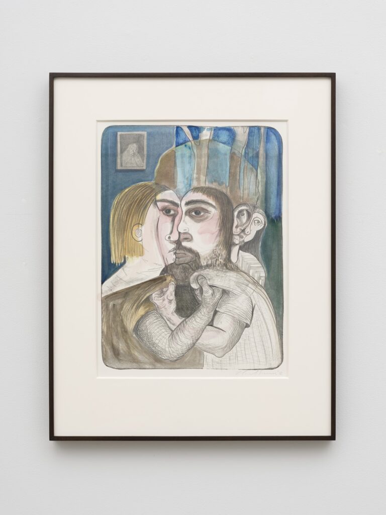 This image depicts an artwork by Nicole Eisenman titled "Untitled." This artwork was created in 2012 and measures 24 ¹⁄₂" x 19" x 1 ¹⁄₂" [HxWxD] (62.23 x 48.26 x 3.81 cm) framed. Its medium is Graphite, watercolor and ink on paper.