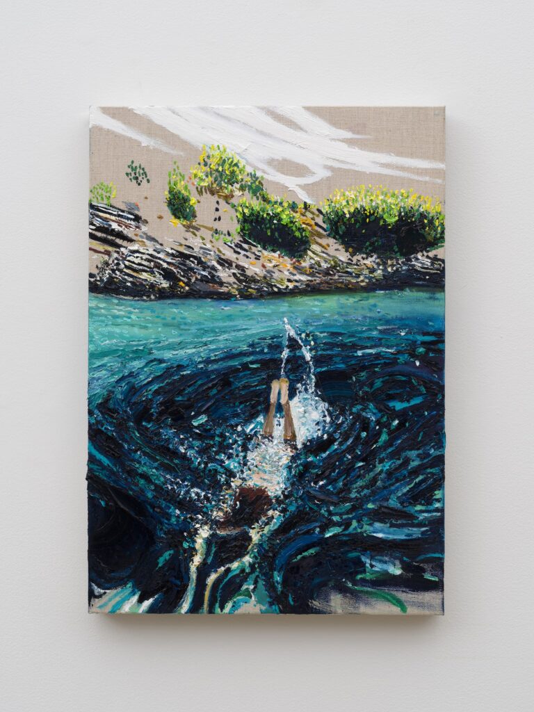 This image depicts an artwork by Raffi Kalenderian titled "Bather." This artwork was created in 2024 and measures 20" x 14" [HxW] (50.8 x 35.56 cm). Its medium is Oil on linen.