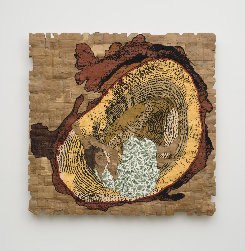 This image depicts an artwork by Andrea Bowers titled "Eco Grief Deforestation Series (Old Growth Stump 2)." This artwork was created in 2024 and measures 84" x 86" x 5" [HxWxD] (213.36 x 218.44 x 12.7 cm). Its medium is Acrylic on cardboard.