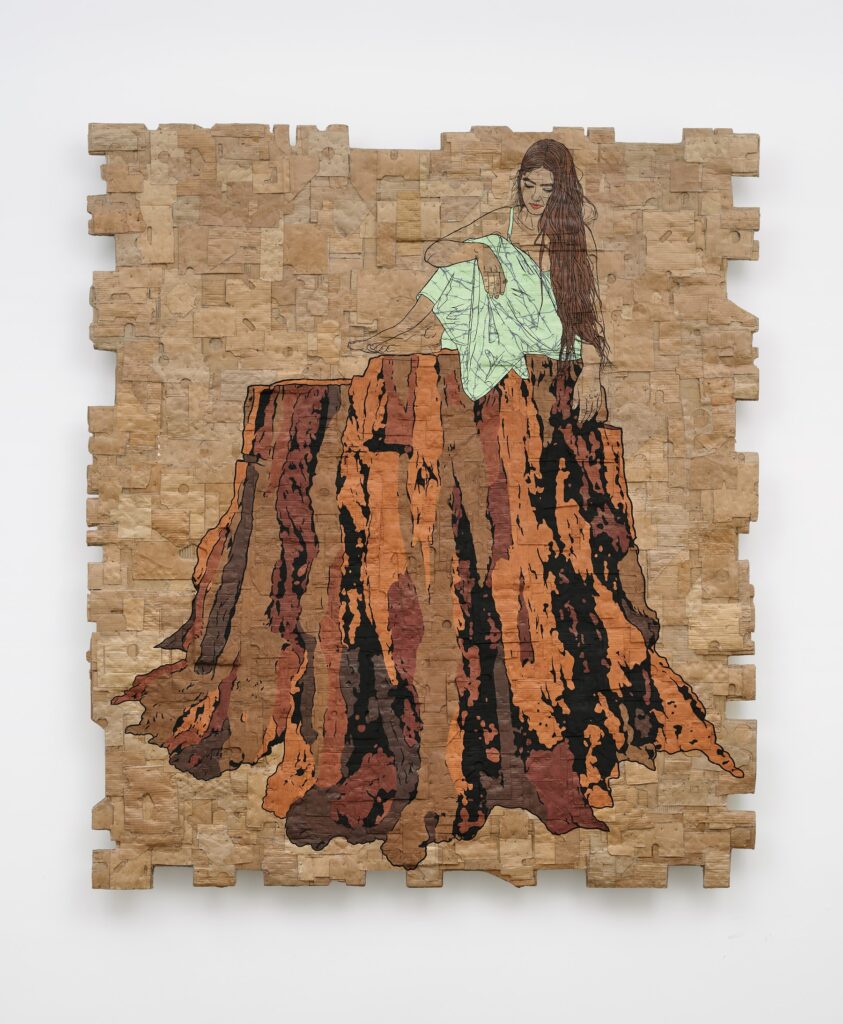 This image depicts an artwork by Andrea Bowers titled "Eco Grief Deforestation Series (Old Growth Stump 3)." This artwork was created in 2024 and measures 96" x 84" x 5" [HxWxD] (243.84 x 213.36 x 12.7 cm). Its medium is Acrylic on cardboard.