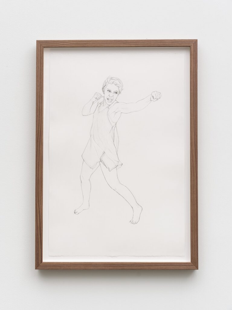 This image illustrates a link to the exhibition titled Andrea Bowers<br>Jared McGriff in <br> <i> Strike Fast, Dance Lightly: Artists on Boxing</i>