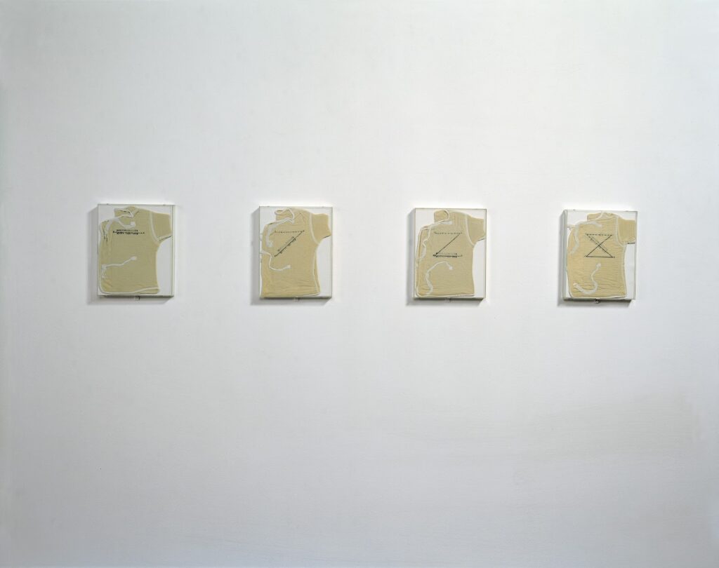 This image depicts an artwork by Mary Kelly titled "Post-Partum Document: Introduction." This artwork was created in 1973 and measures 4 Units: 7 ⁷⁄₈" x 10 ¹⁄₃₂" [HxW] (20 x 25.5 cm). Its medium is Perspex unit, white card, wool vests, pencil, ink.