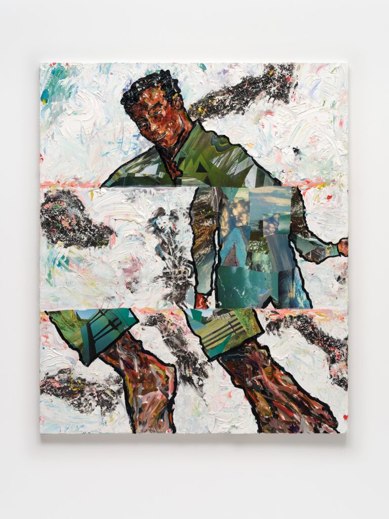 This image depicts an artwork by Mario Joyce titled "Fragments Of A Scattered Past." This artwork was created in 2024 and measures 72" x 60" [HxW] (182.88 x 152.4 cm). Its medium is Vintage collage, soil, oil paint, acrylic paint on canvas.