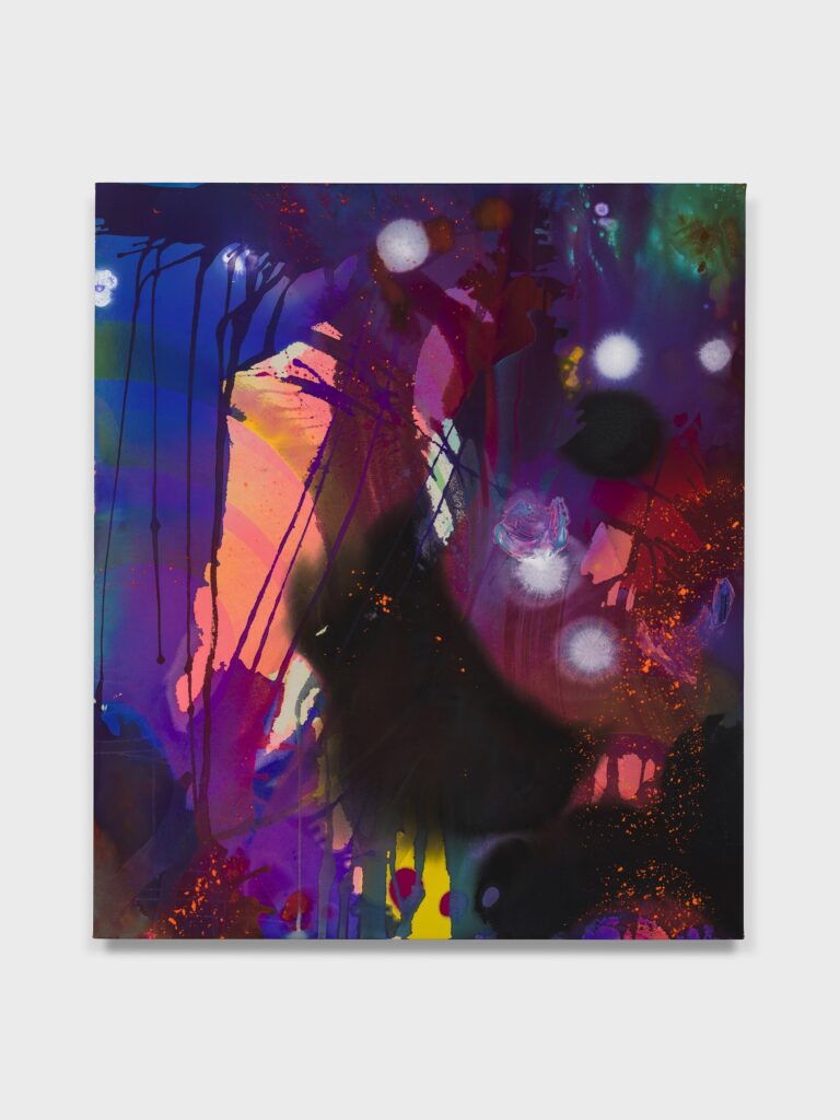 This image depicts an artwork by Kim DeJesus titled "Violet Nightpop." This artwork was created in 2024 and measures 56" x 48" [HxW] (142.24 x 121.92 cm). Its medium is Acrylic, oil, mixed media on canvas.