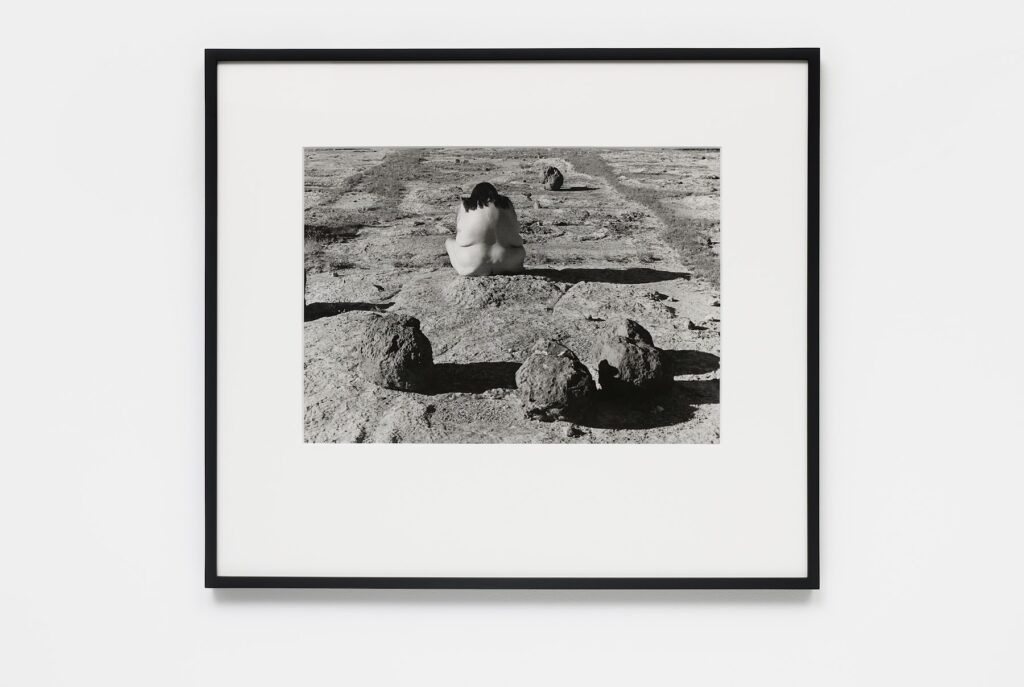 This image depicts an artwork by Laura Aguilar titled "Nature Self Portrait #7." This artwork was created in 1996 and measures 23" x 27" [HxW] (58.42 x 68.58 cm) framed. Its medium is Gelatin silver print.