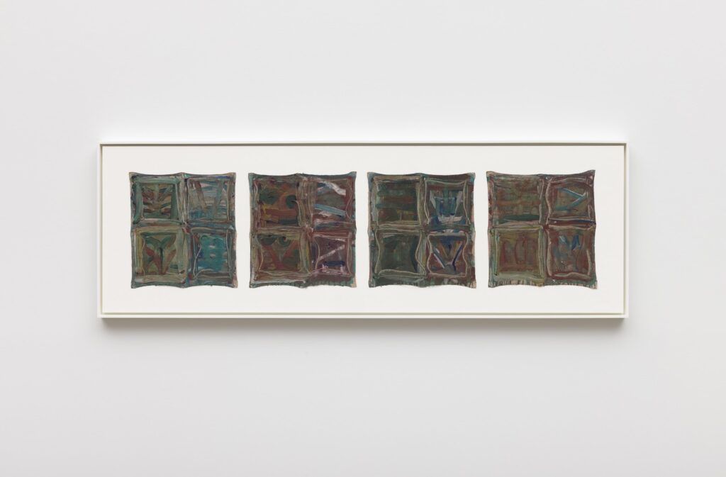 This image depicts an artwork by Louise Fishman titled "Victory Garden of the Amazon Queen." This artwork was created in 1972 and measures framed: 21 ¹⁄₄" x 63 ³⁄₄" x 2" [HxWxD] (53.98 x 161.93 x 5.08 cm)14" x 13" [HxW] (35.56 x 33.02 cm) each. Its medium is Acrylic on linen, in four parts.