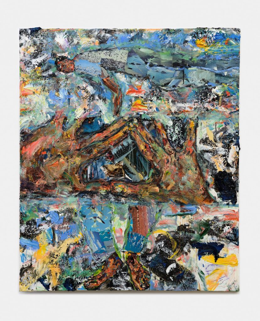 This image depicts an artwork by Mario Joyce titled "As From Above." This artwork was created in 2024 and measures 72" x 60" [HxW] (182.88 x 152.4 cm). Its medium is Soil, vintage collage, oil paint, acrylic paint, pastel on canvas.